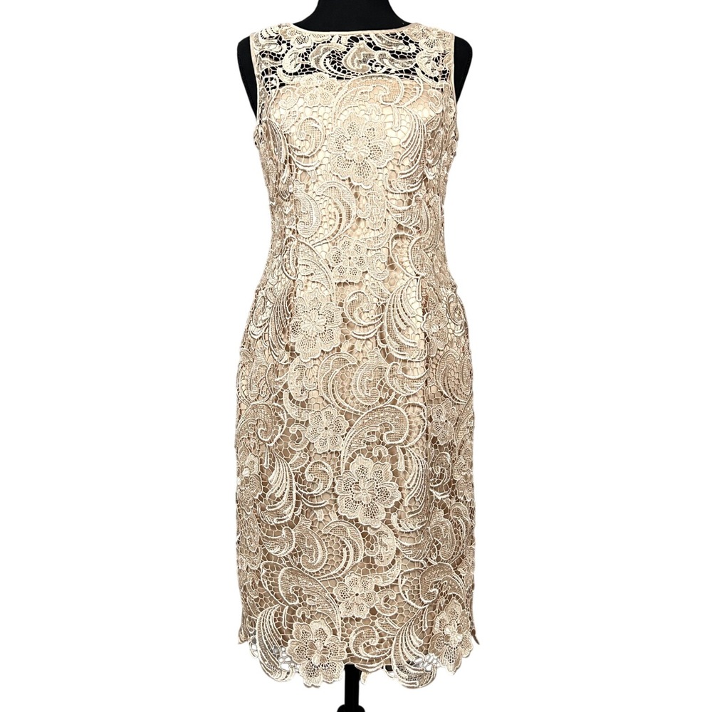Adrianna Papell Dress‎ Womens 6 Lace Champagne Gold Homecoming Wedding Guest